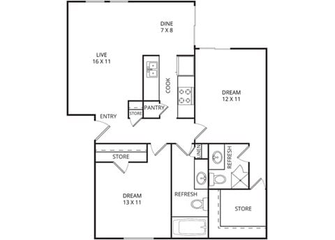 Floor plan for 2 beds, 2 baths, 1000 sqft