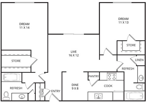Floor plan for 2 beds, 2 baths, 1150 sqft