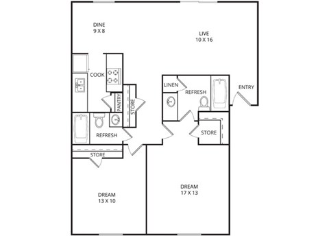 Floor plan for 2 beds, 2 baths, 1100 sqft