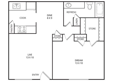 Floor plan for 1 bed, 1 bath, 630 sqft