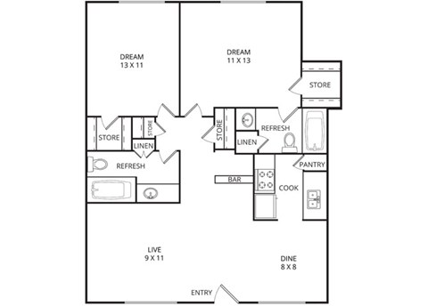 Floor plan for 2 beds, 2 baths, 1050 sqft