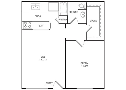 Floor plan for 1 bed, 1 bath, 550 sqft