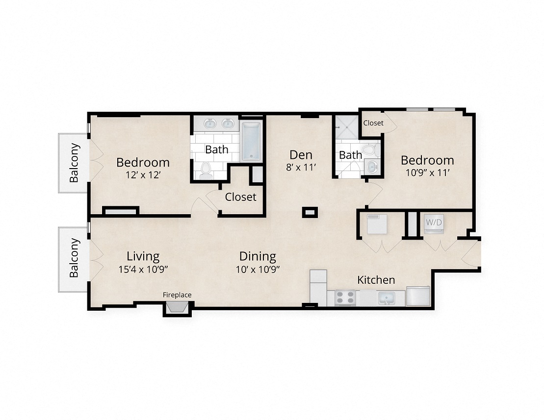 Floor plan for 2 beds, 2 baths, 1116 sqft