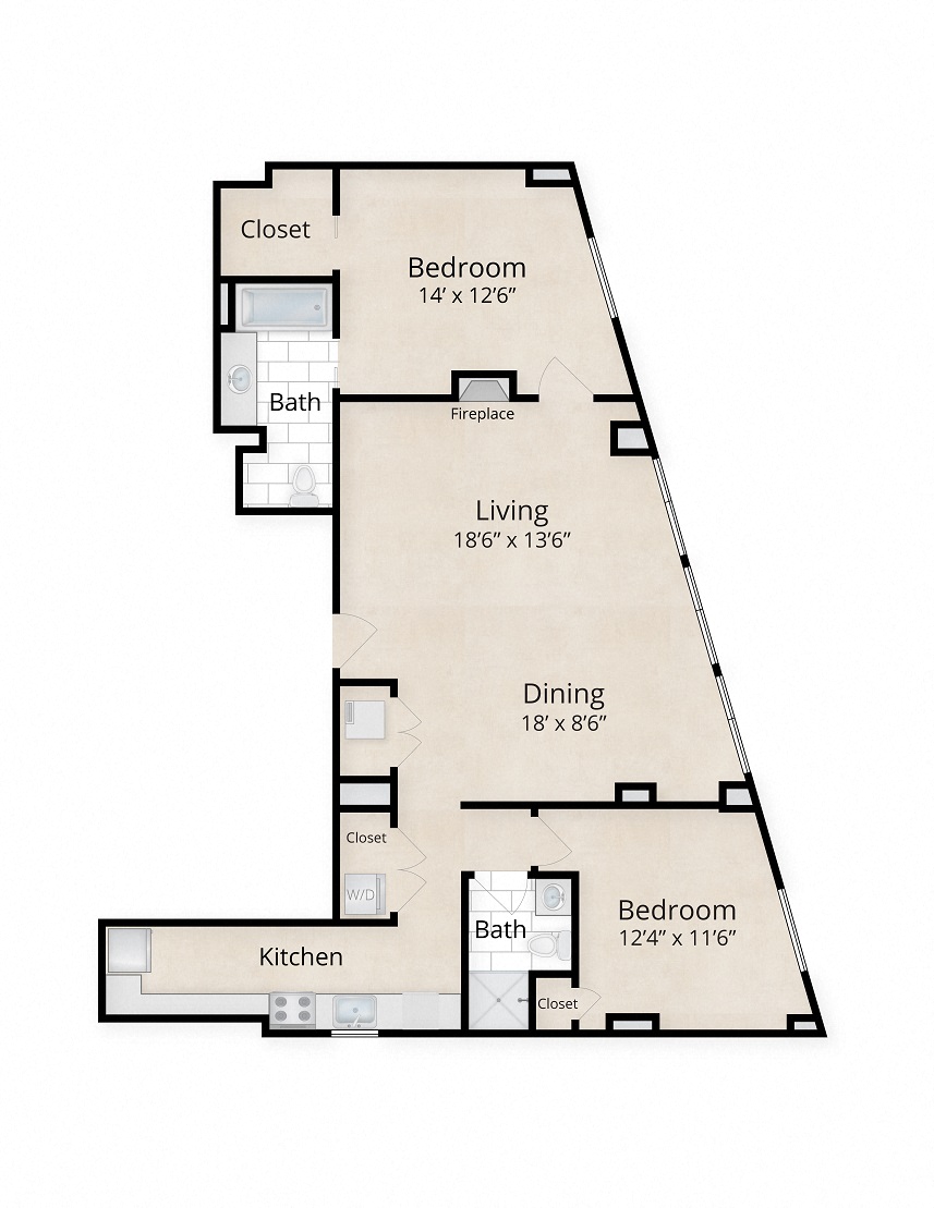 Floor plan for 2 beds, 2 baths, 1317 sqft