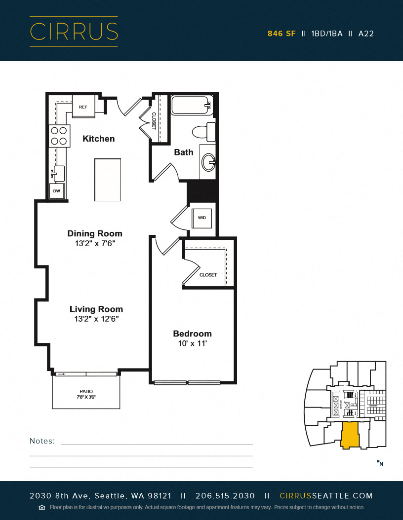 Floor plan for 1 bed, 1 bath, 652 sqft