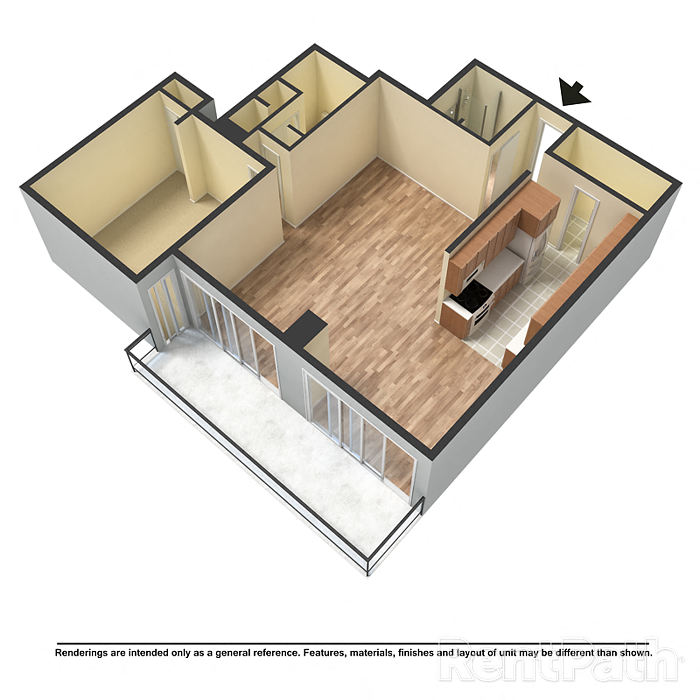 Floor plan for 1 bed, 2 baths, 1250 sqft
