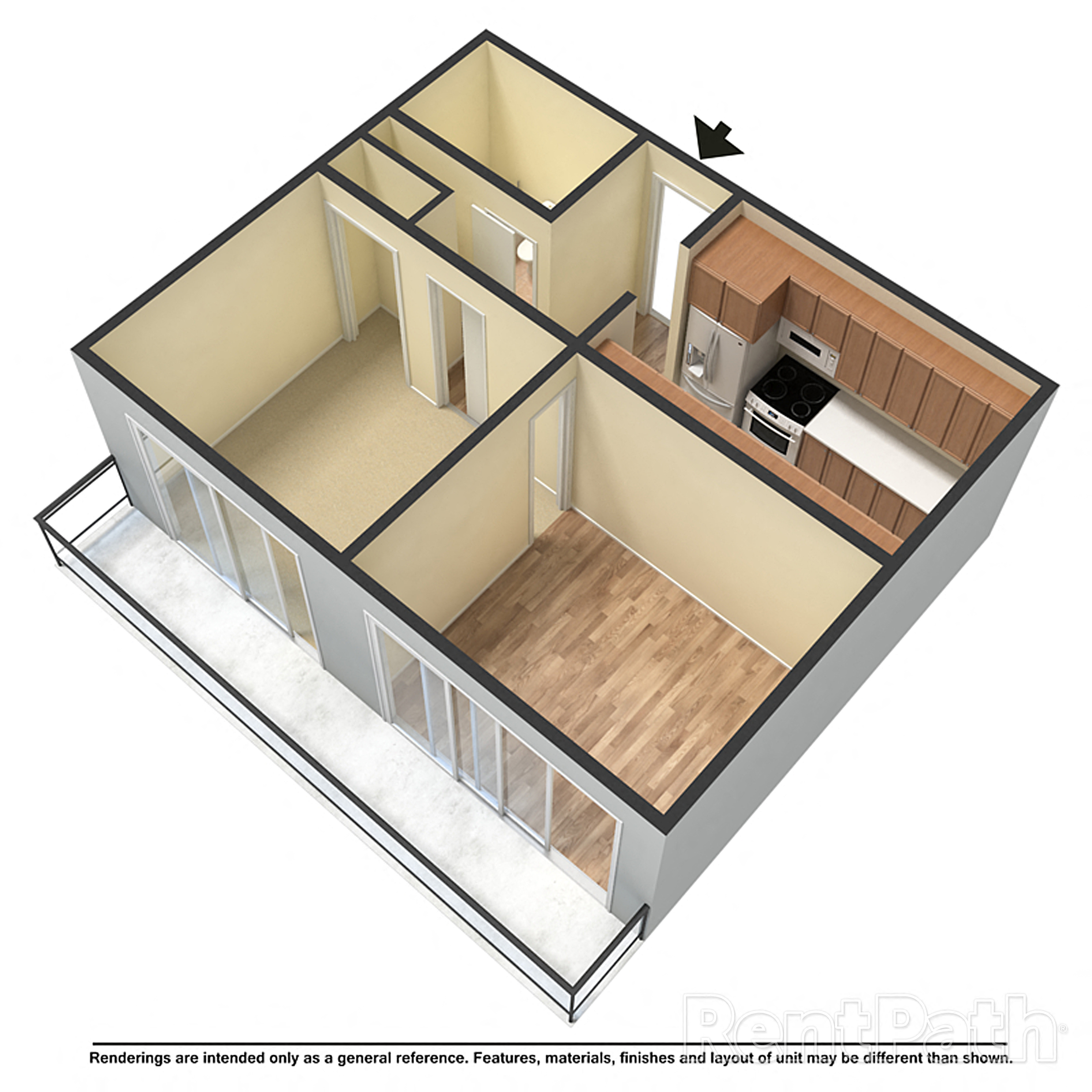 Floor plan for 1 bed, 1 bath, 650 sqft
