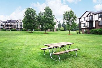 Outdoor picnic table on expansive lawn