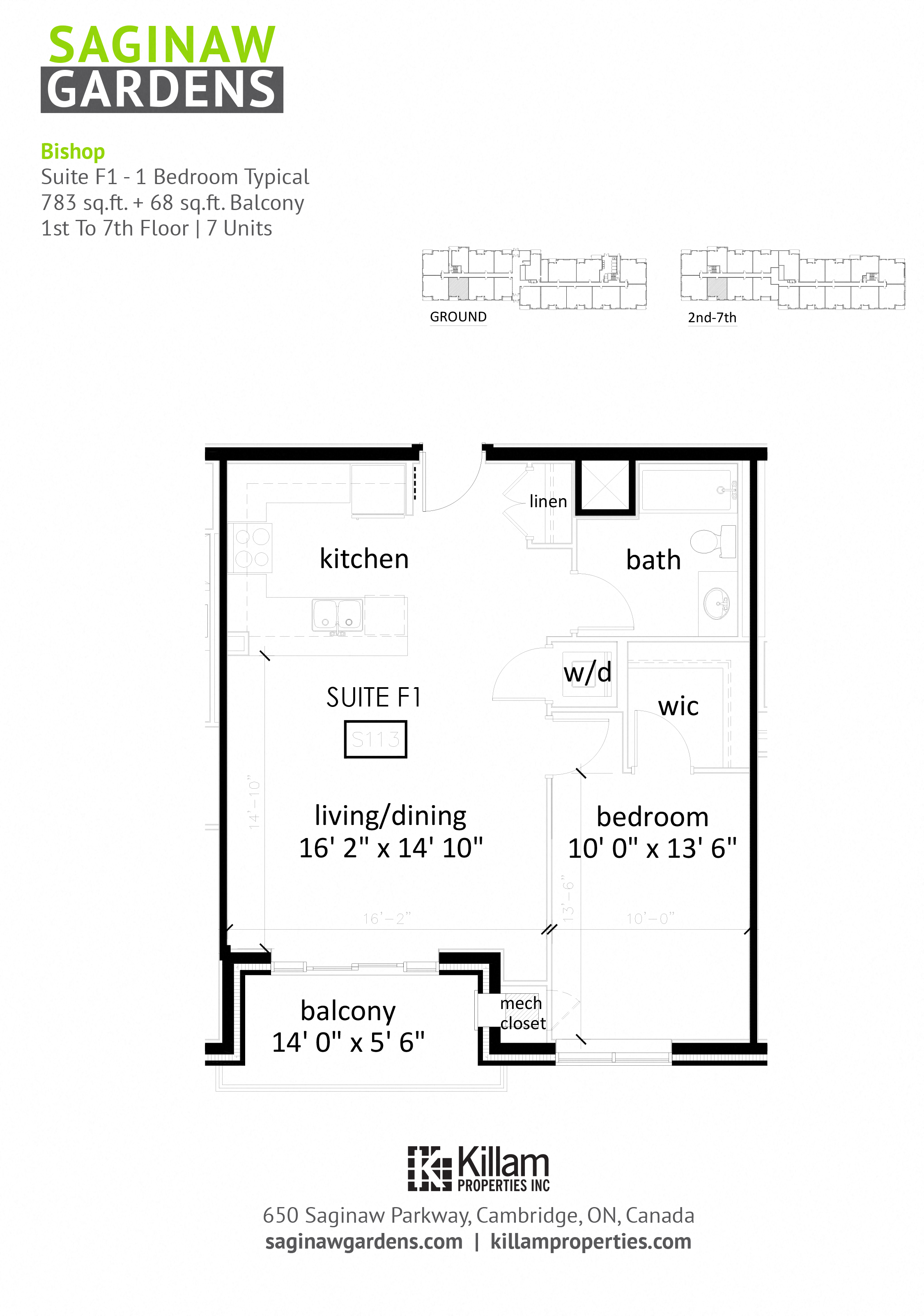 Floor plan for 1 bed, 1 bath, 709 sqft