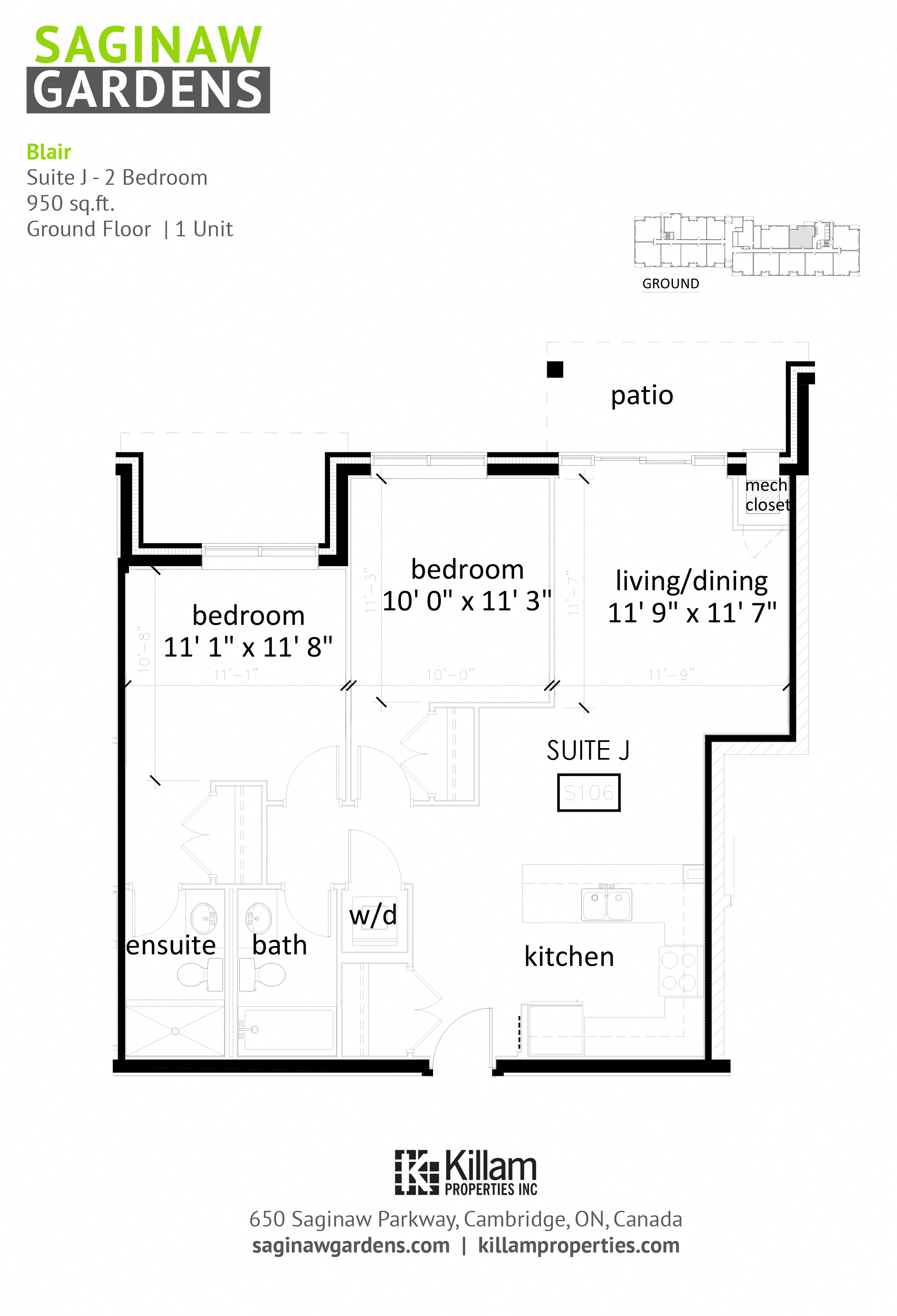 Floor plan for 2 beds, 2 baths, 1130 sqft