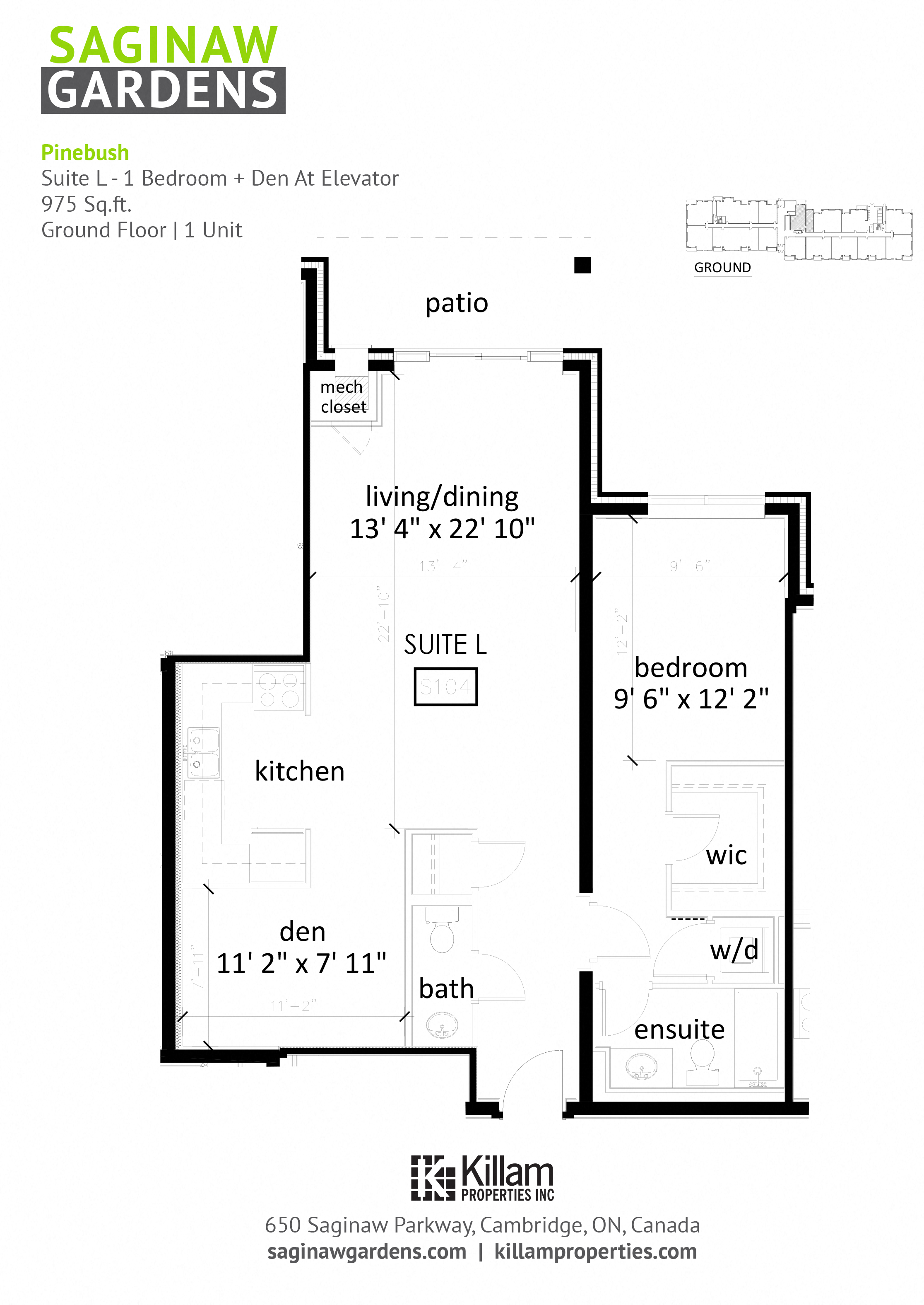 Floor plan for 1 bed, 1 bath, 975 sqft