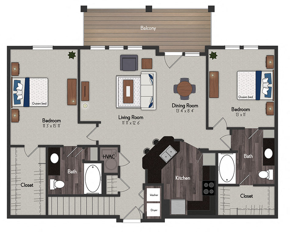 Floor plan for 2 beds, 2 baths, 1185 sqft