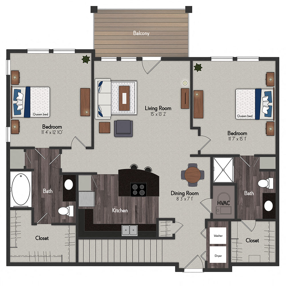 Floor plan for 2 beds, 2 baths, 1033 sqft