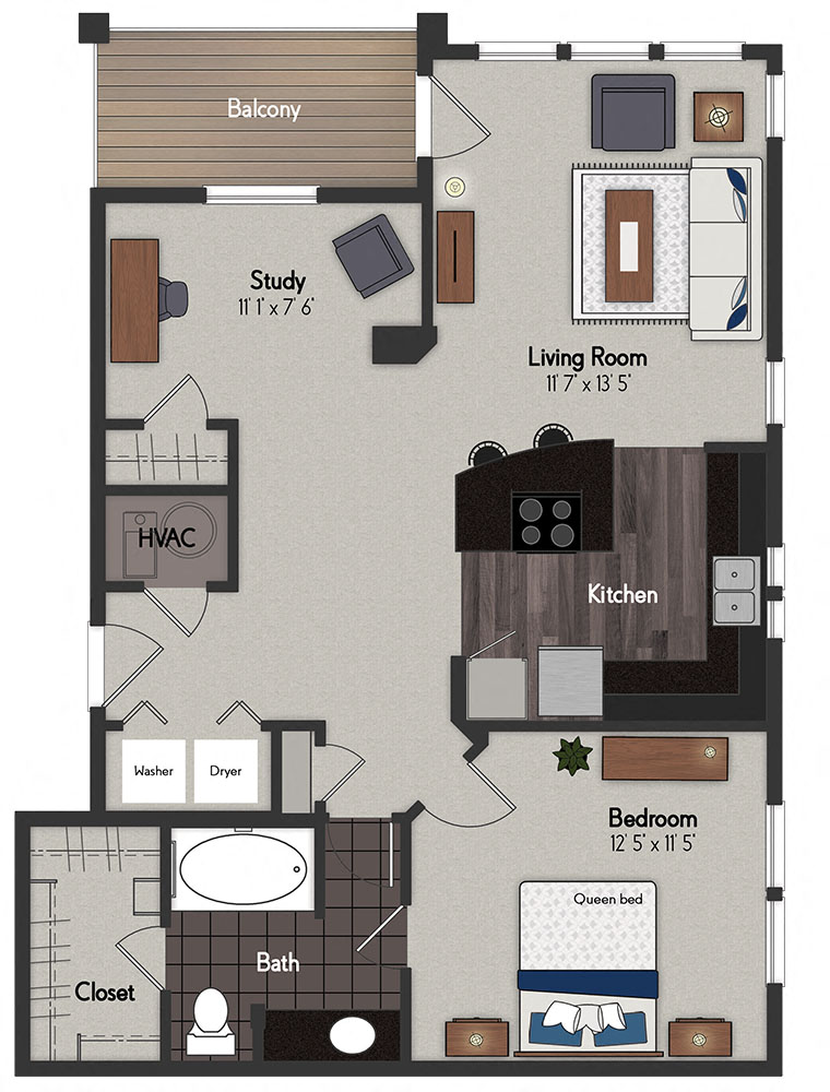 Floor plan for 1 bed, 1 bath, 831 sqft