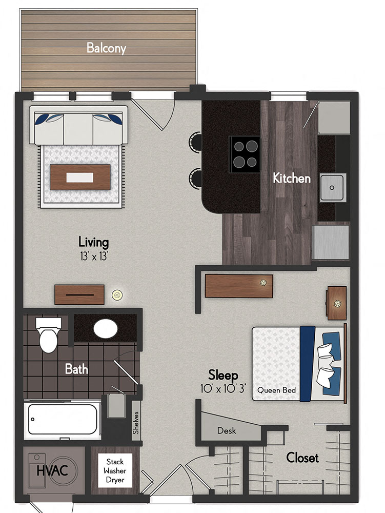Floor plan for studio, 1 bath, 576 sqft