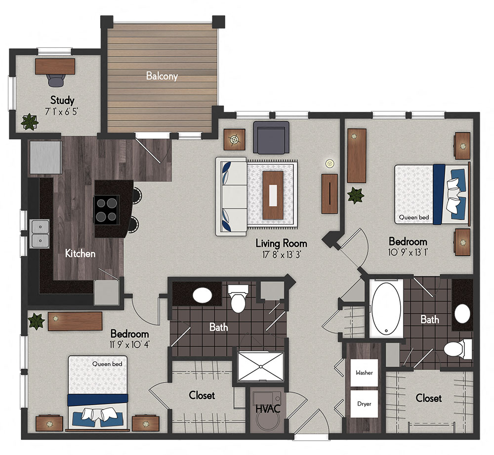 Floor plan for 2 beds, 2 baths, 1083 sqft