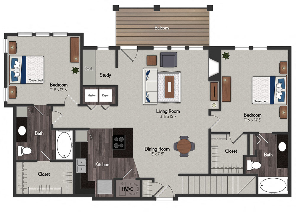 Floor plan for 2 beds, 2 baths, 1219 sqft