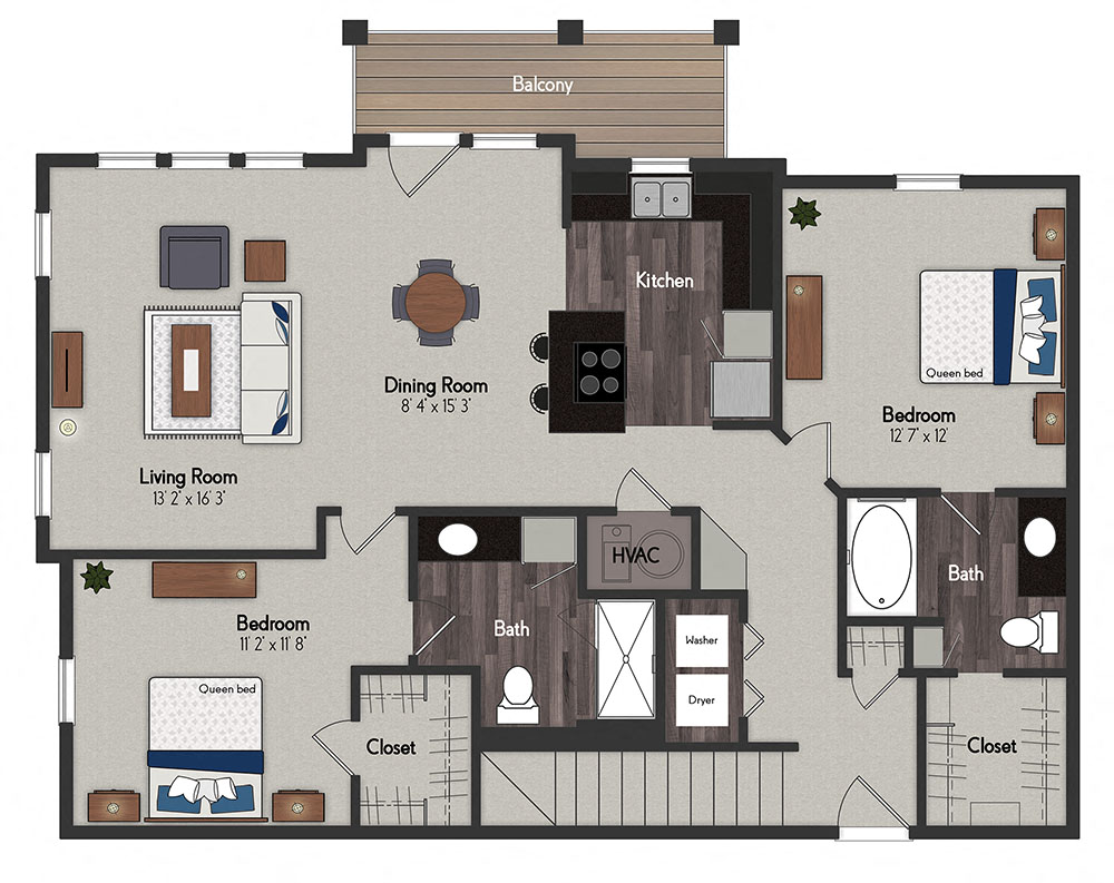Floor plan for 2 beds, 2 baths, 1182 sqft