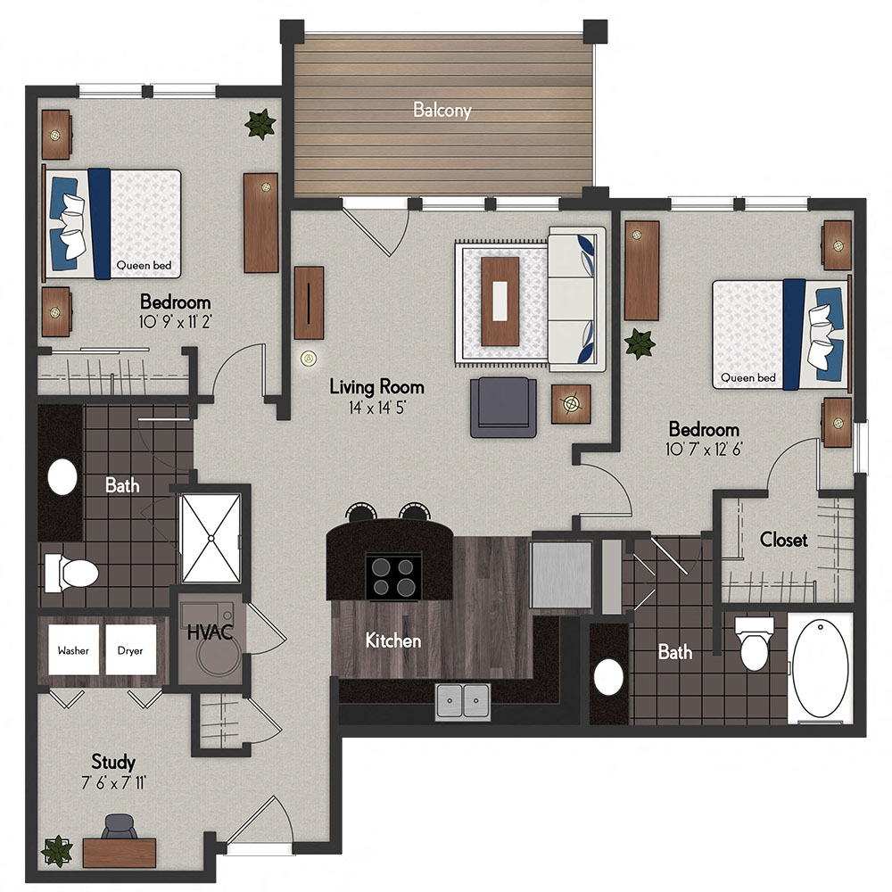 Floor plan for 2 beds, 2 baths, 1039 sqft
