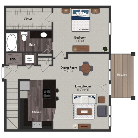 Floor plan for 1 bed, 1 bath, 890 sqft