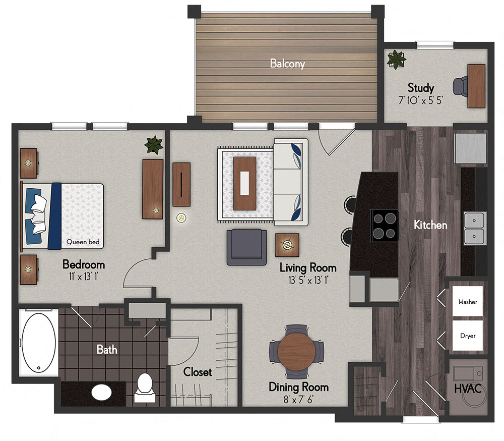 Floor plan for 1 bed, 1 bath, 835 sqft