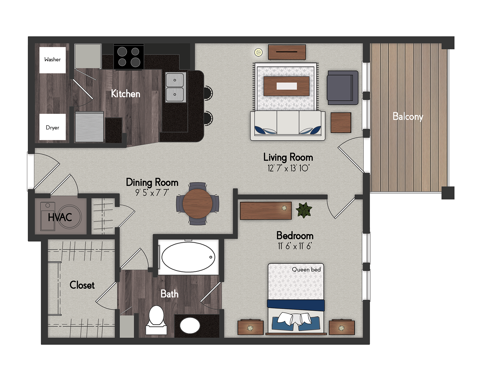 Floor plan for 1 bed, 1 bath, 688 sqft