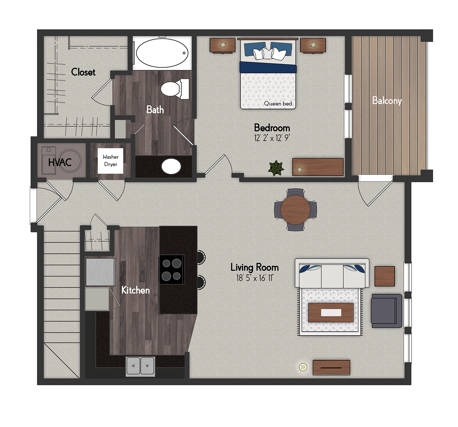 Floor plan for 1 bed, 1 bath, 846 sqft