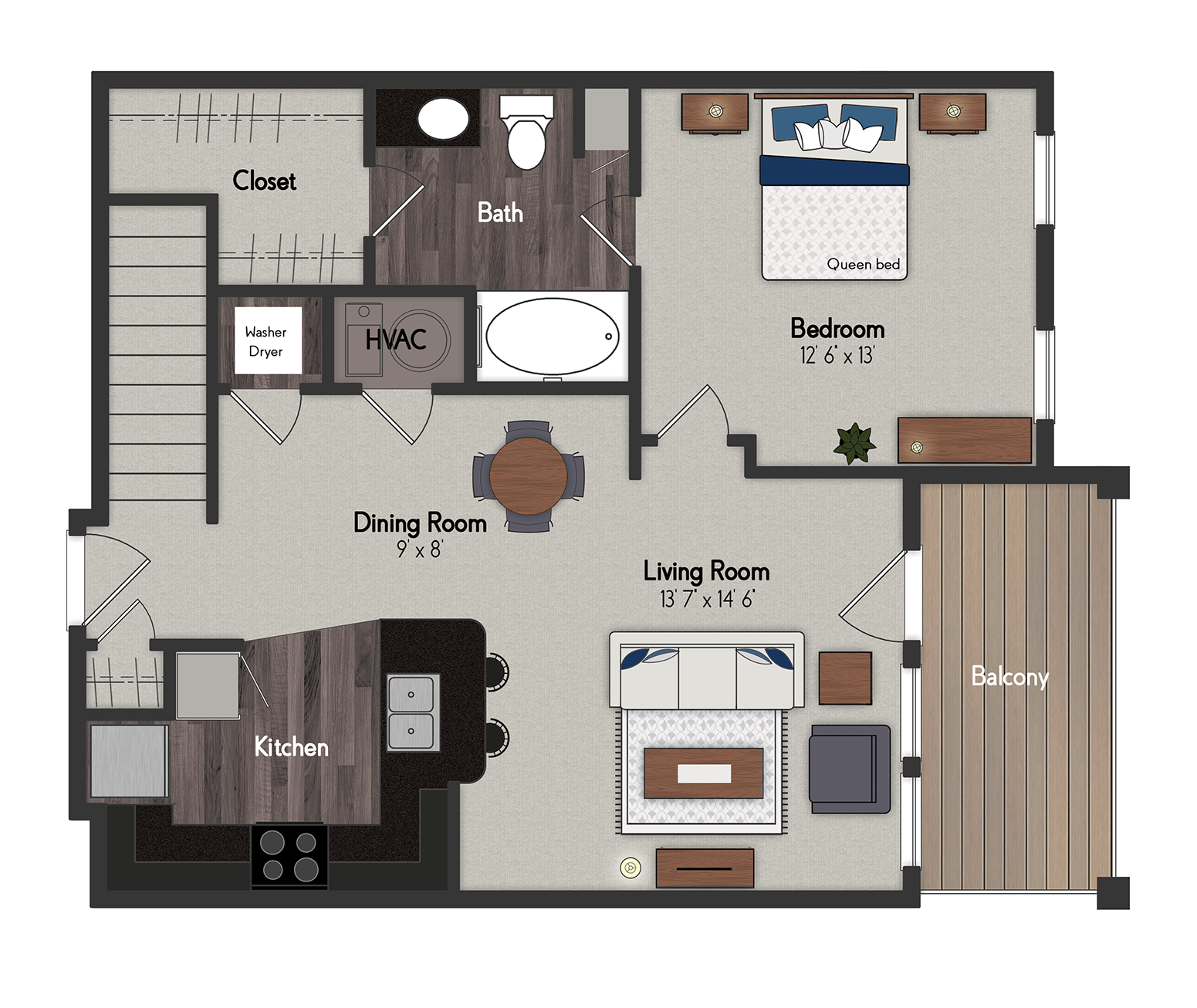 Floor plan for 1 bed, 1 bath, 753 sqft