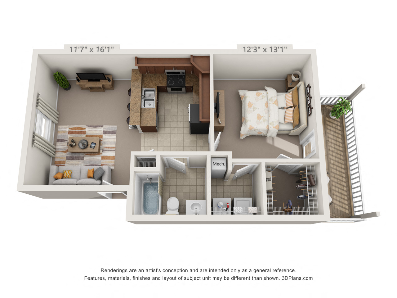 Floor plan for 1 bed, 1 bath, 680 sqft