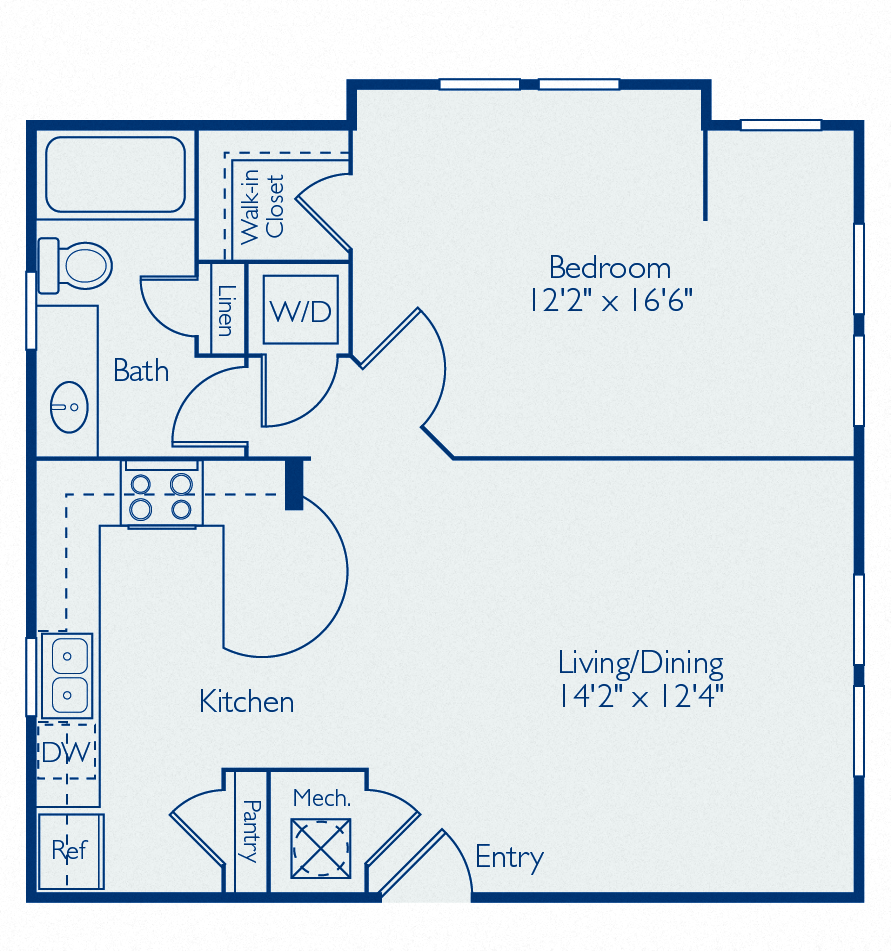 Floor plan for 1 bed, 1 bath, 741 sqft