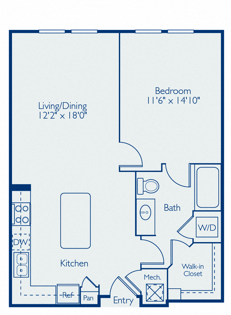 Floor plan for 1 bed, 1 bath, 776 sqft