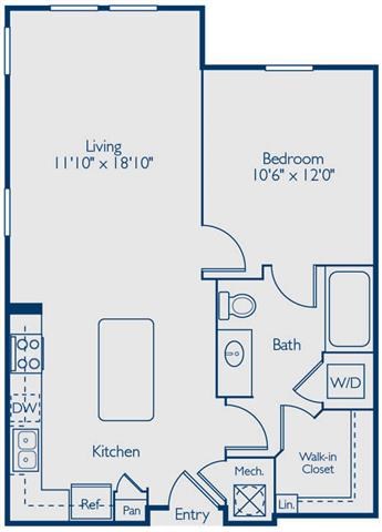 Floor plan for 1 bed, 1 bath, 716 sqft