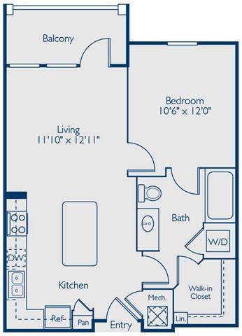 Floor plan for 1 bed, 1 bath, 642 sqft