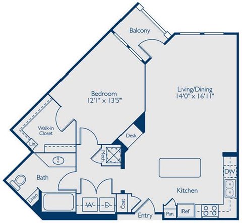 Floor plan for 1 bed, 1 bath, 857 sqft