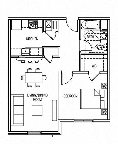 Floor plan for 1 bed, 1 bath