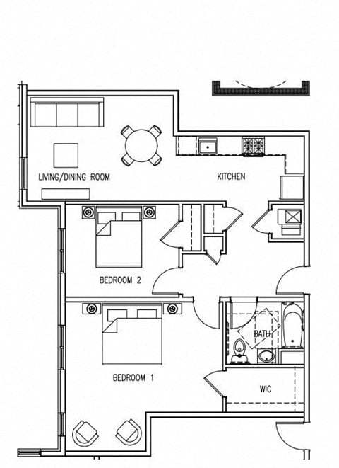 Floor plan for 2 beds, 1 bath