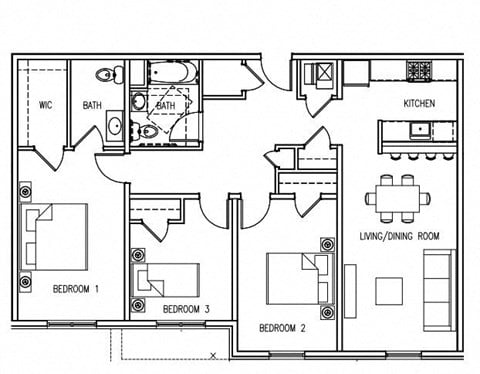 Floor plan for 3 beds, 1.5 baths