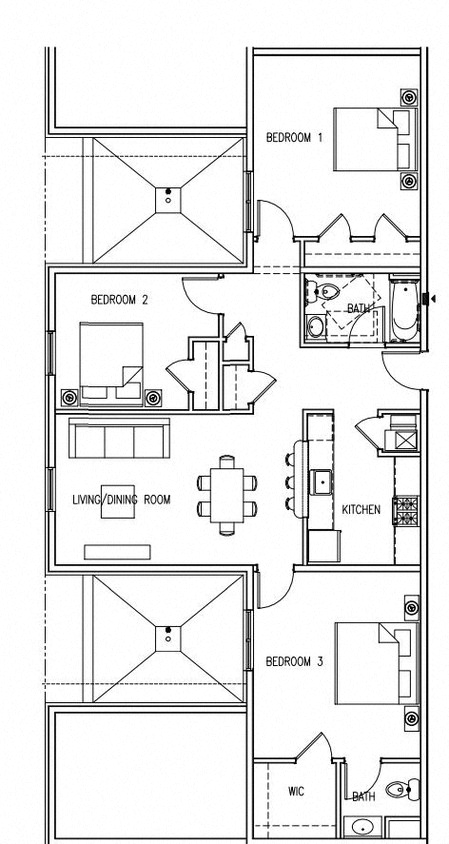 Floor plan for 3 beds, 2 baths