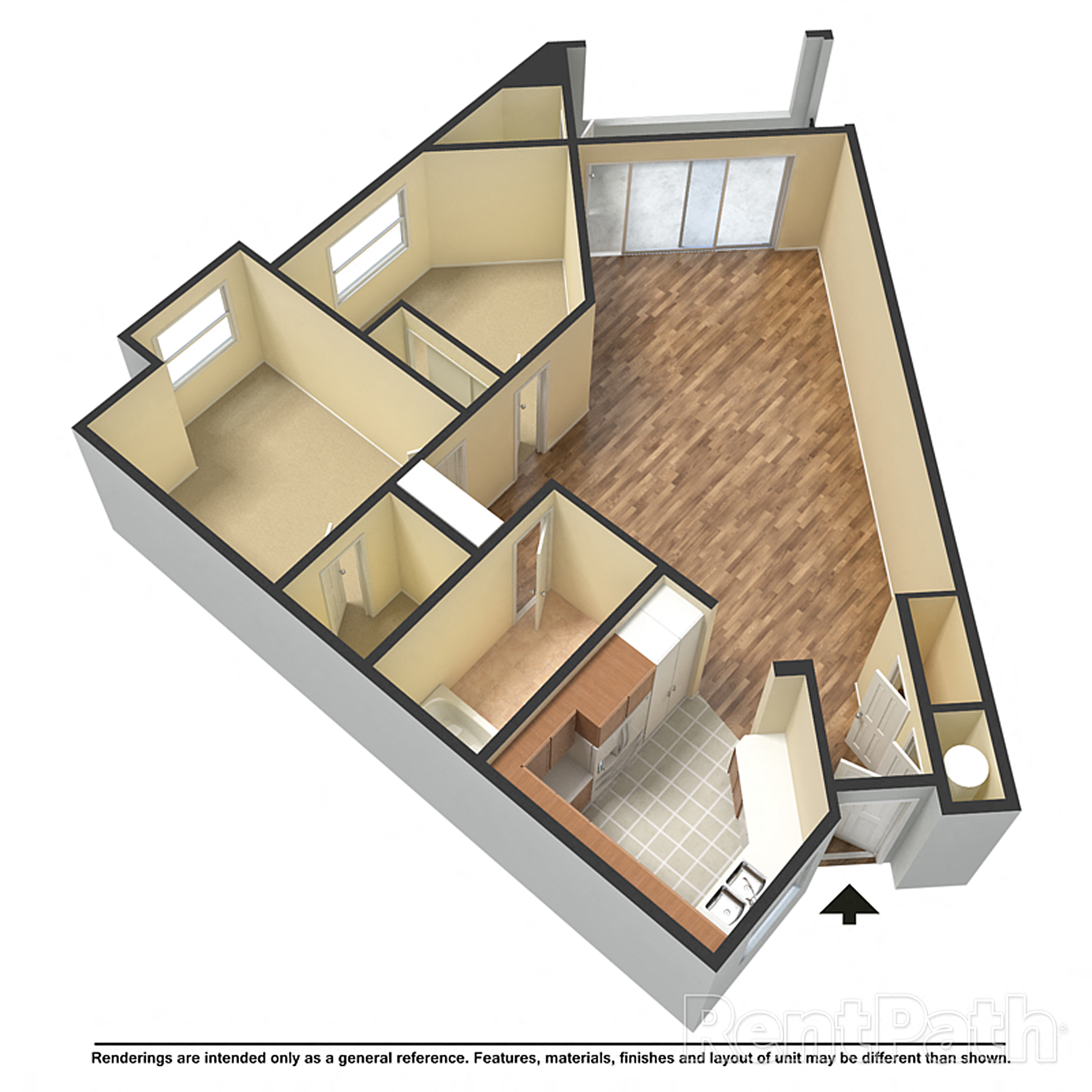 Floor plan for 2 beds, 1 bath, 970 sqft