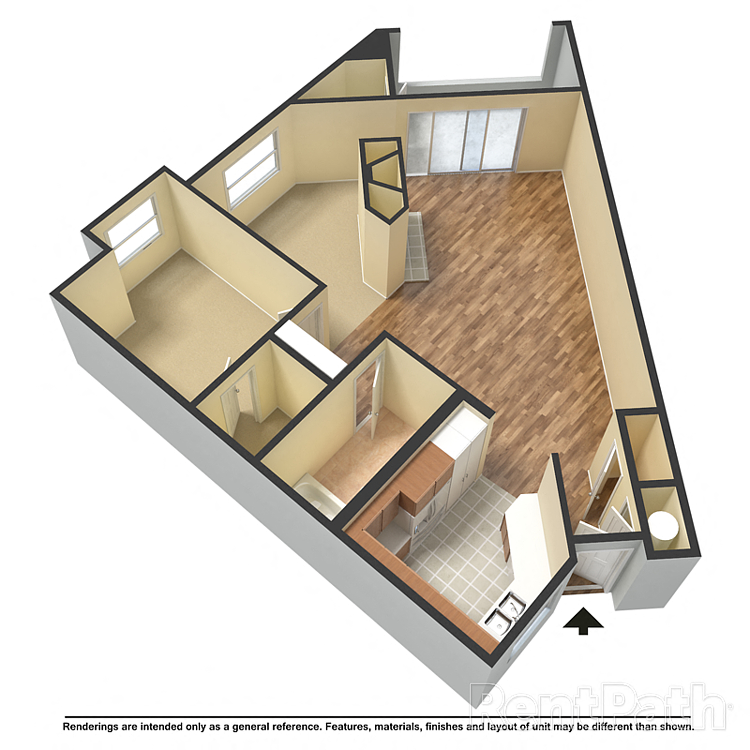 Floor plan for 1 bed, 1 bath, 970 sqft