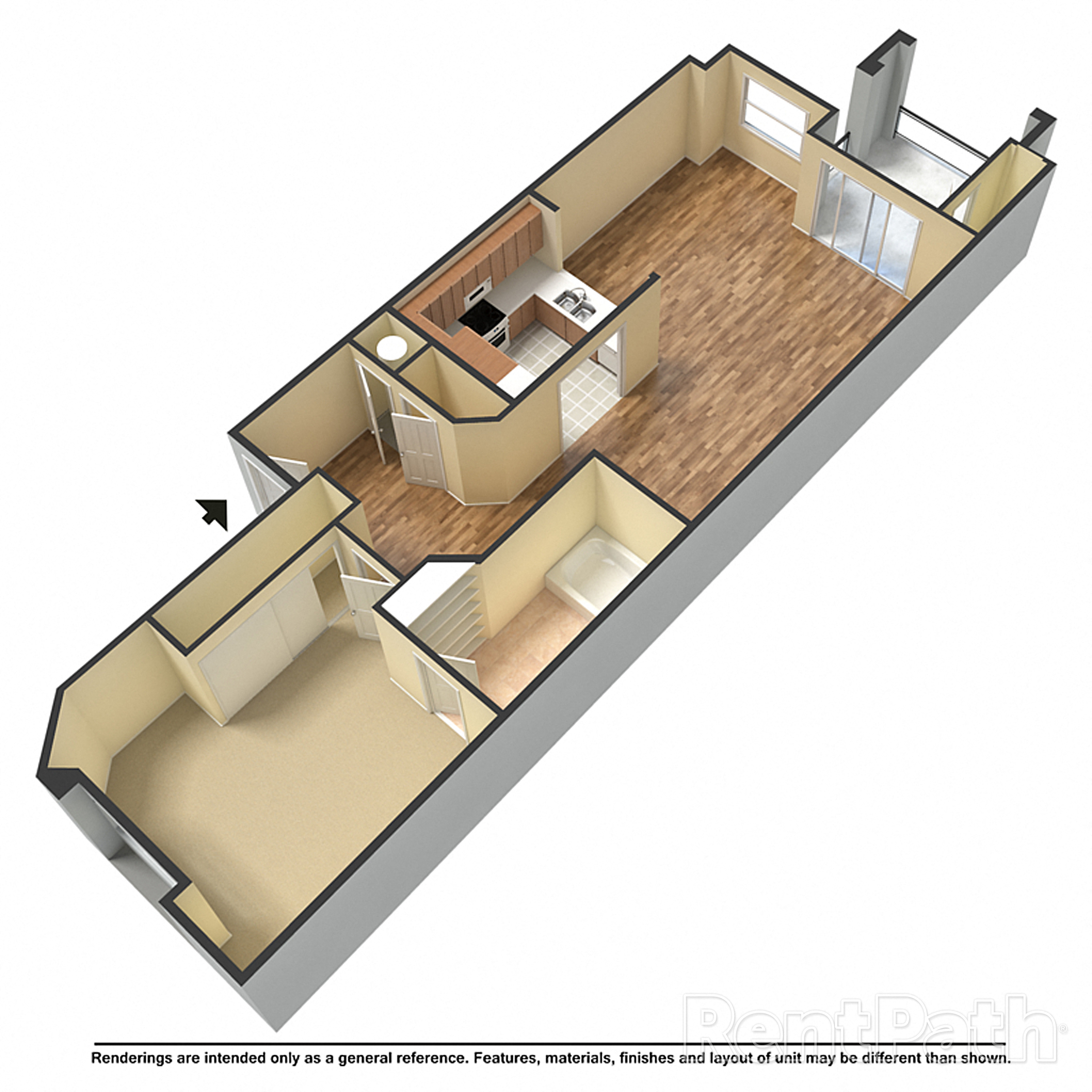 Floor plan for 1 bed, 1 bath, 770 sqft