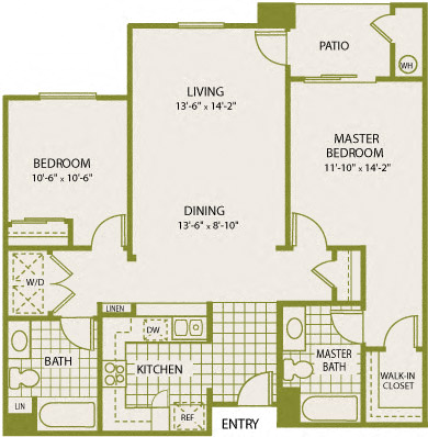 Floor plan for 2 beds, 2 baths, 1039 sqft
