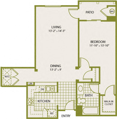 Floor plan for 1 bed, 1 bath, 833 sqft