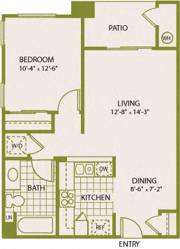 Floor plan for 1 bed, 1 bath, 587 sqft