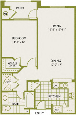 Floor plan for 1 bed, 1 bath, 697 sqft