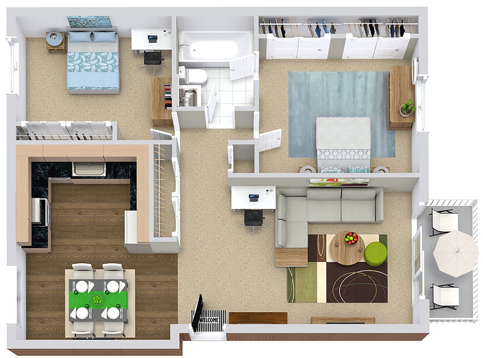Floor plan for 2 beds, 1 bath, 910 sqft