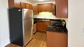 Royal Oak apartment for rent - The Briarwood Chef Kitchen features upscale shaker style cabinetry, dramatic granite countertops, easy-care wood plank flooring, stainless steel appliances and a dishwasher too.