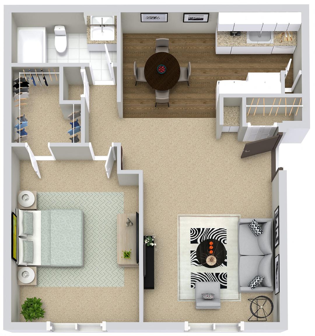 Floor plan for 1 bed, 1 bath, 770 sqft