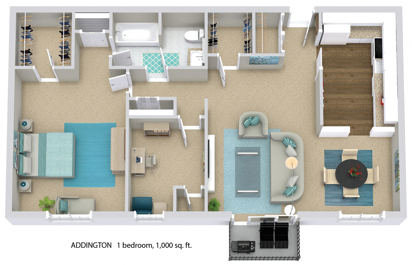 Floor plan for 1 bed, 1 bath, 1000 sqft
