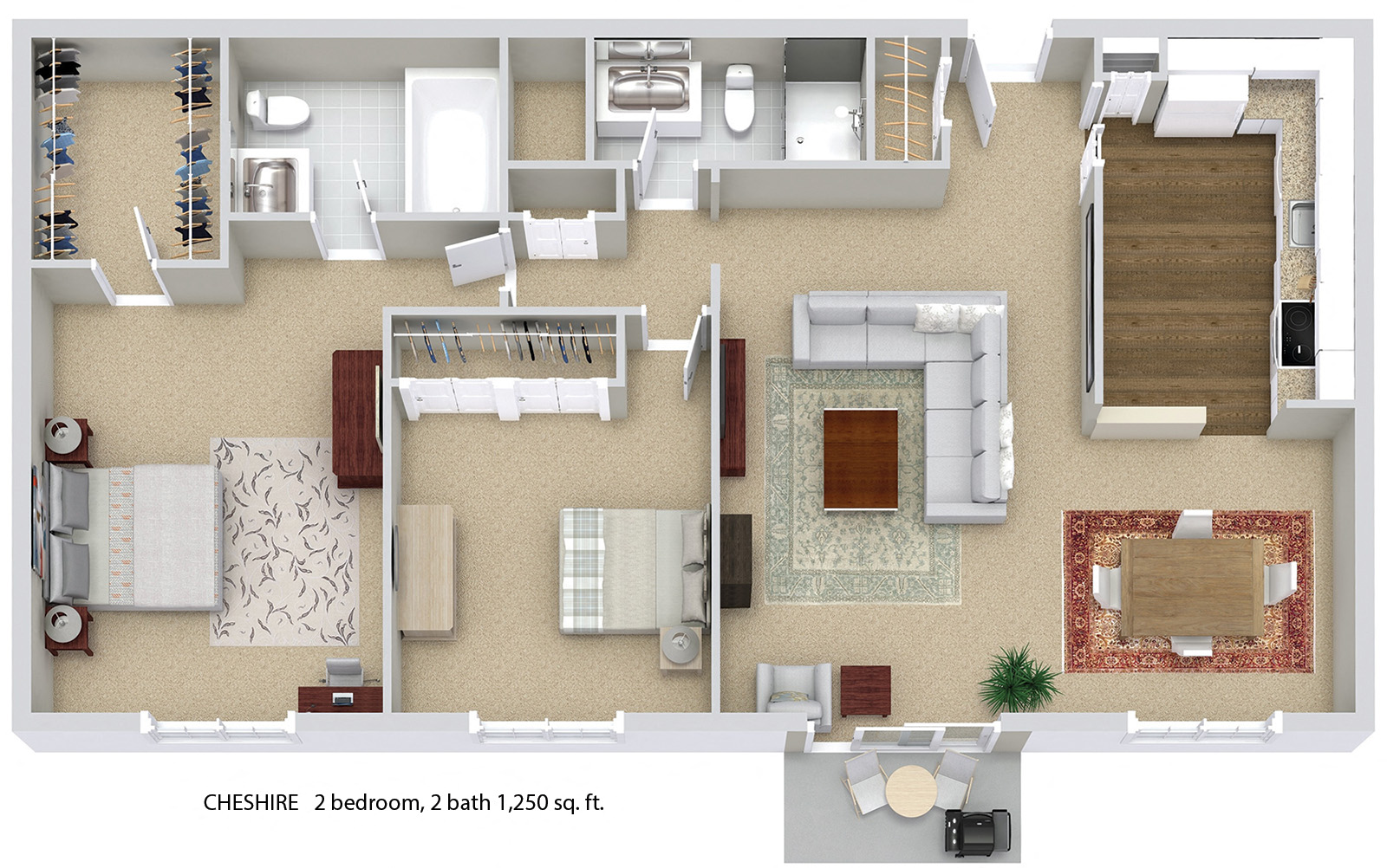 Floor plan for 2 beds, 2 baths, 1250 sqft